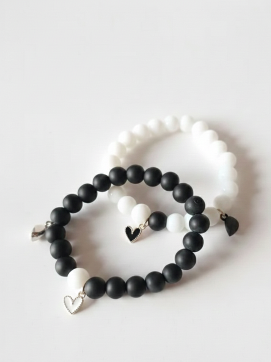 Black and White Beaded Heart Charms Friendship Bracelets