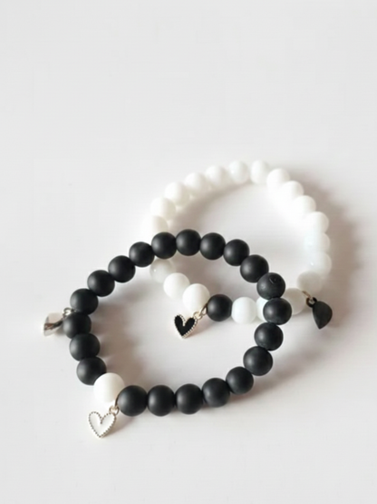 Black and White Beaded Heart Charms Friendship Bracelets