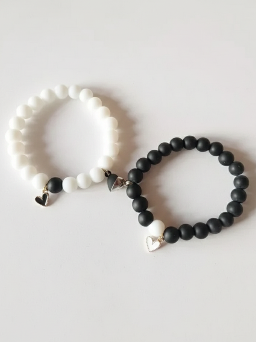 Heart Charms Black and White Beaded Friendship Bracelets