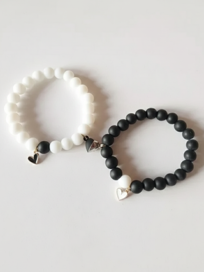Heart Charms Black and White Beaded Friendship Bracelets
