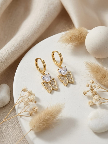 Buy Heart Stone Butterfly Drop Golden Huggie Hoop Earrings Online in India