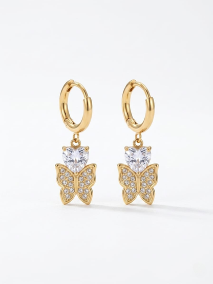Heart Stone Butterfly Drop Golden Huggie Hoop Earrings