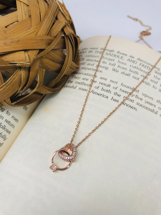 Interlocked Heart and Ring Pendant Rose Gold Necklace - TheJewelbox