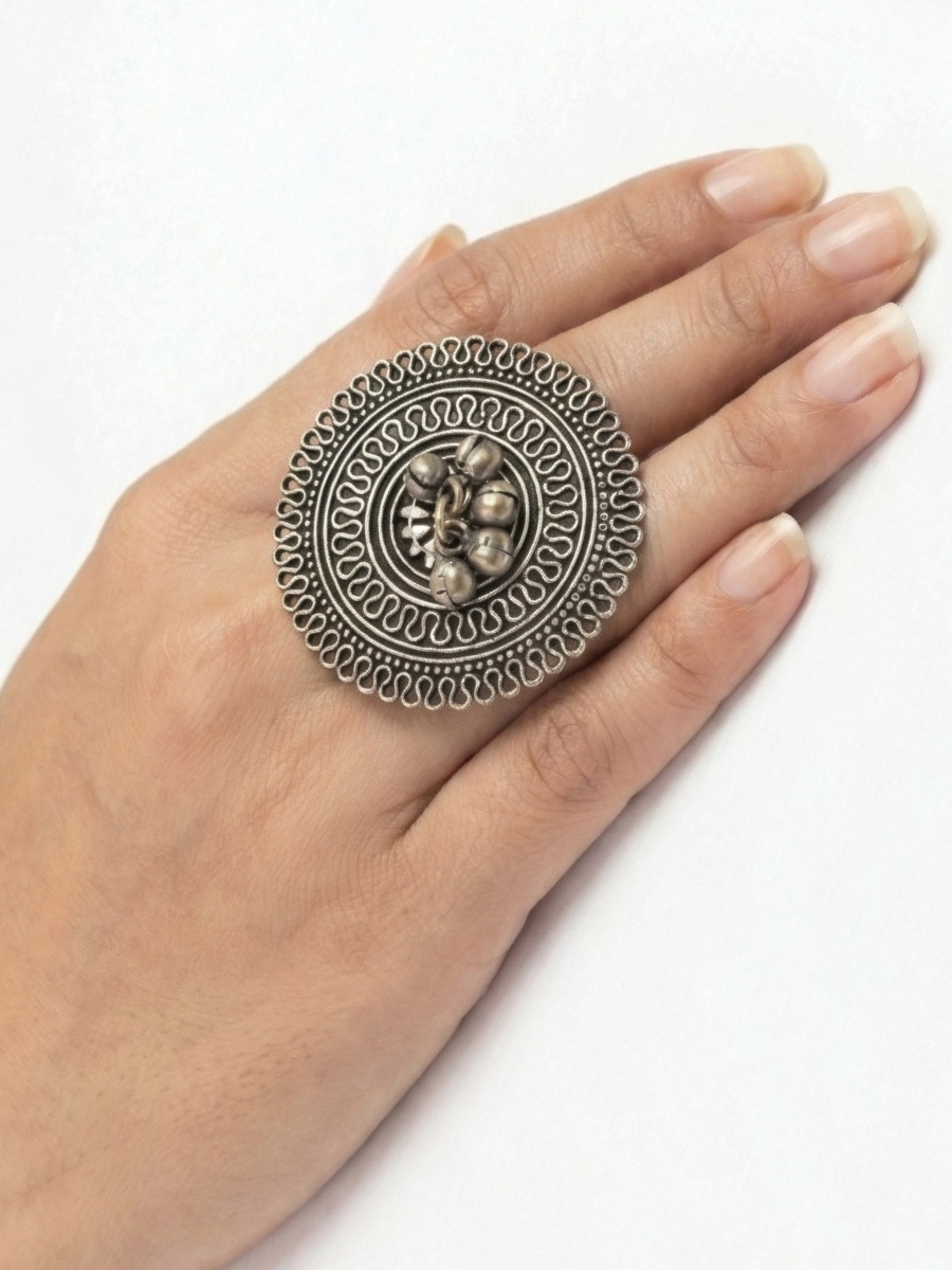 Kolhapuri Style Big Round Oxidised Silver Ring
