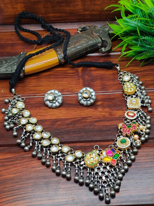 Buy Kundan Studded German Silver Oxidised Necklace Set - TheJewelbox