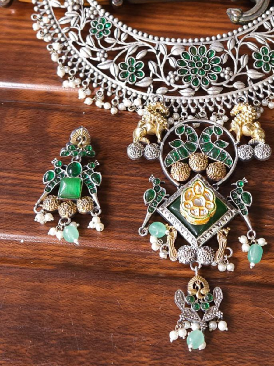 Kundan Studded Green German Silver Oxidised Necklace Set