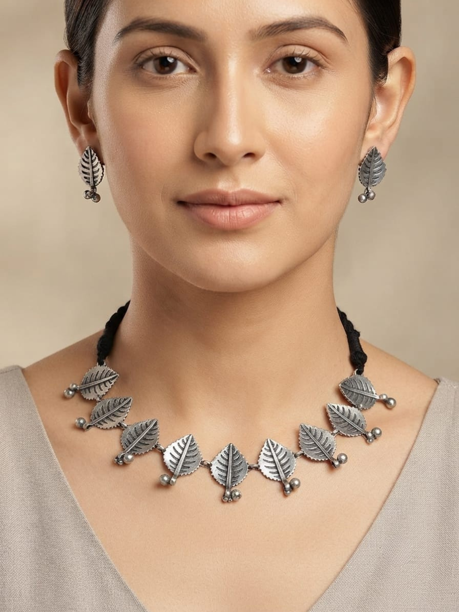 Leaf Shaped Oxidised German Silver Choker Necklace
