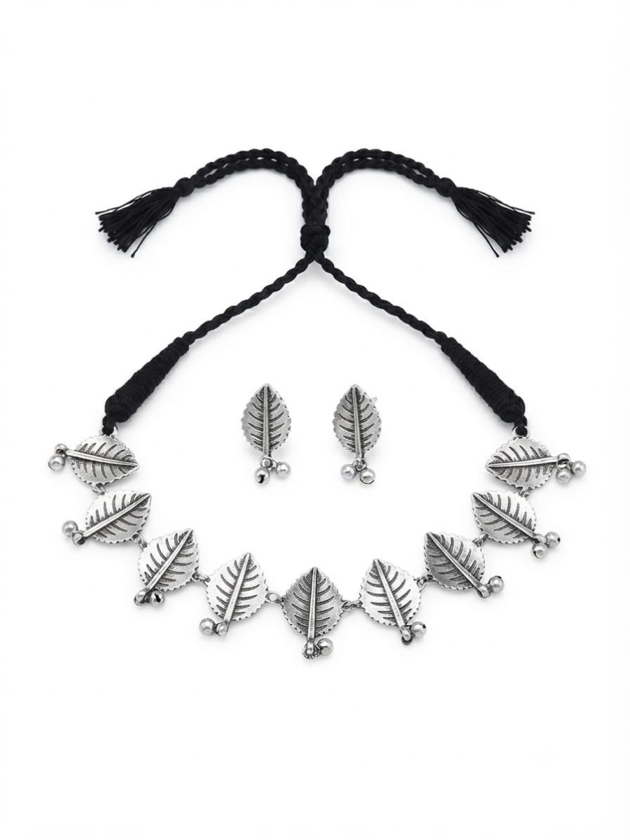 Oxidised Silver Leaf Shaped Choker Necklace Set