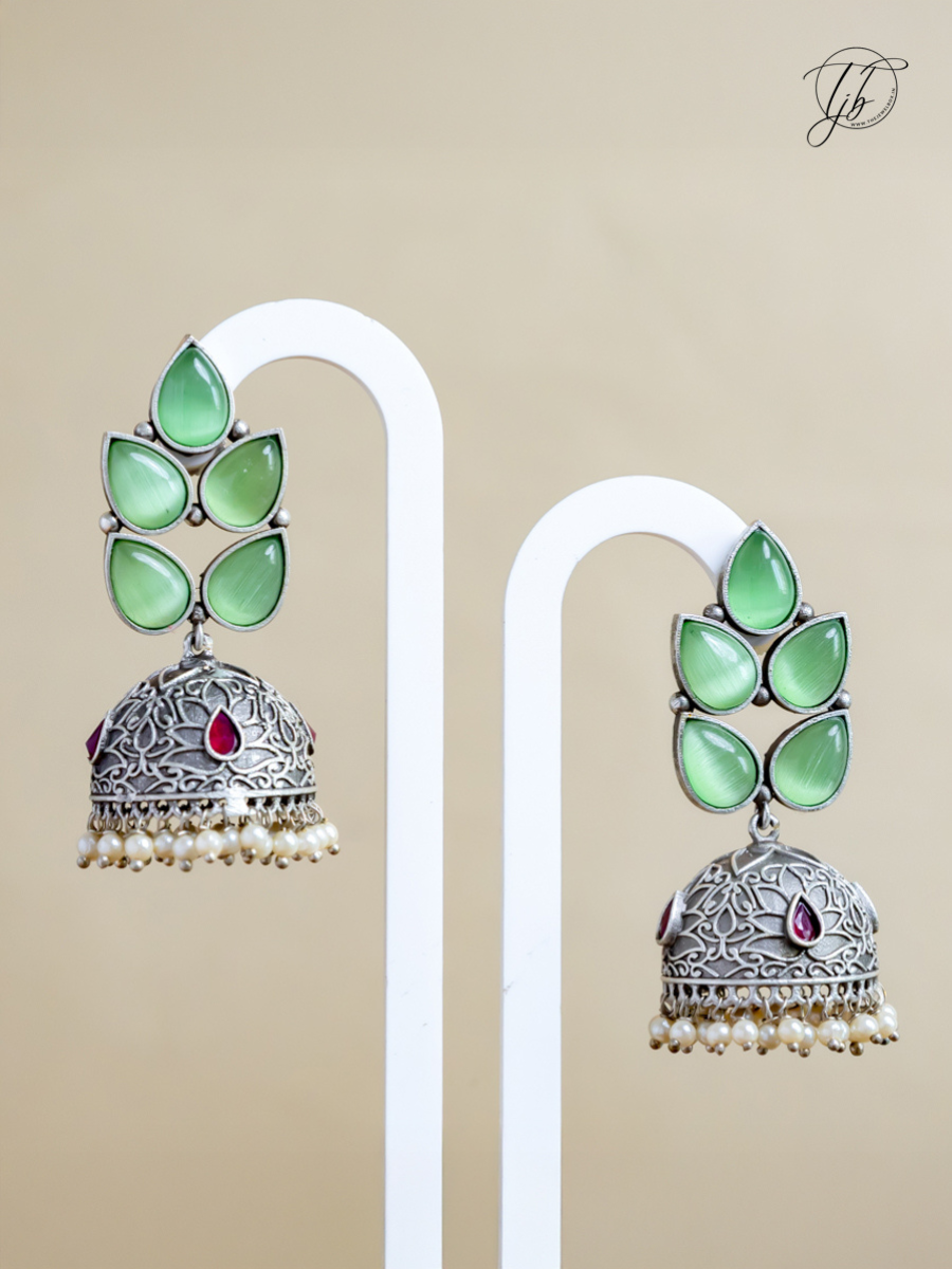 Buy Leaf Shaped Parrot Green Stones Big Oxidised Silver Jhumka Earrings Online - TheJewelbox