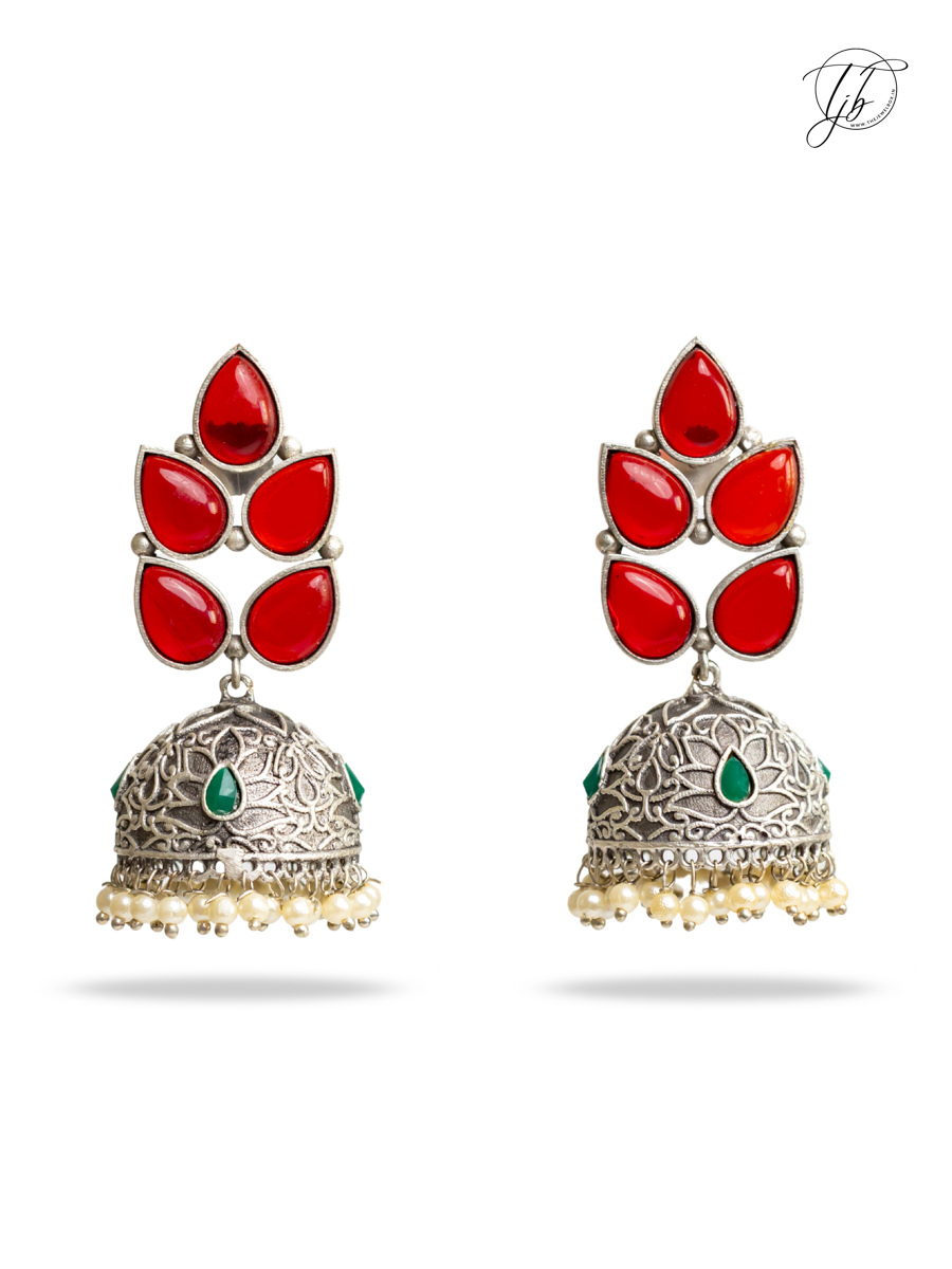 Leaf Shaped Ruby Red Stones Big Oxidised Silver Jhumka Earrings