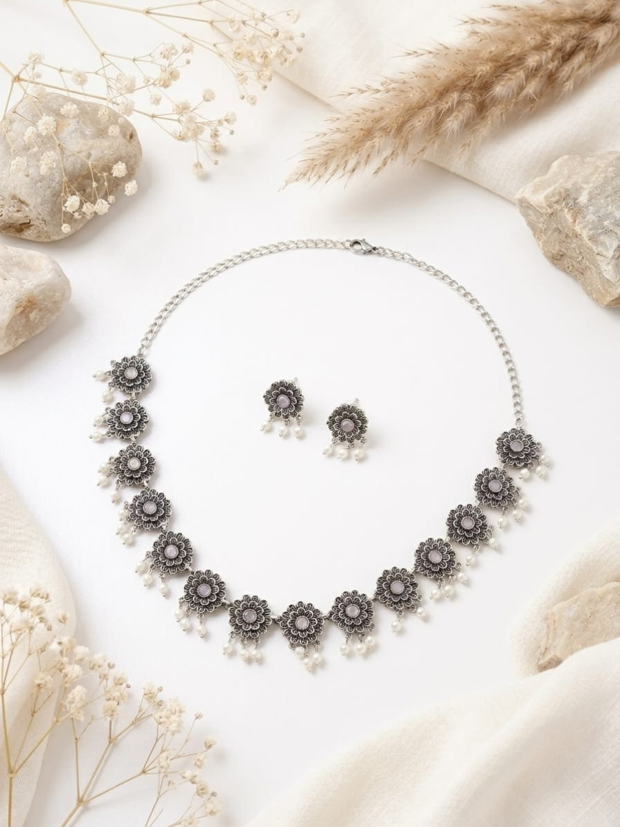 Buy Light Pink Flower Shaped Oxidised Silver Necklace Set Online in India