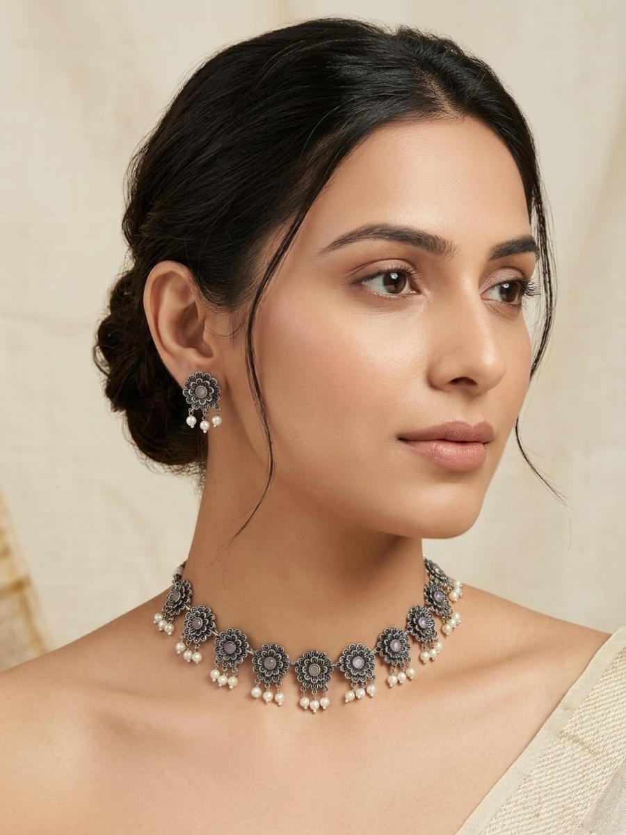 A model is wearing our Light Pink Flower Shaped Oxidised Silver Necklace Set