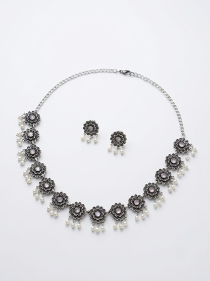 Light Pink Flower Shaped Oxidised Silver Necklace Set