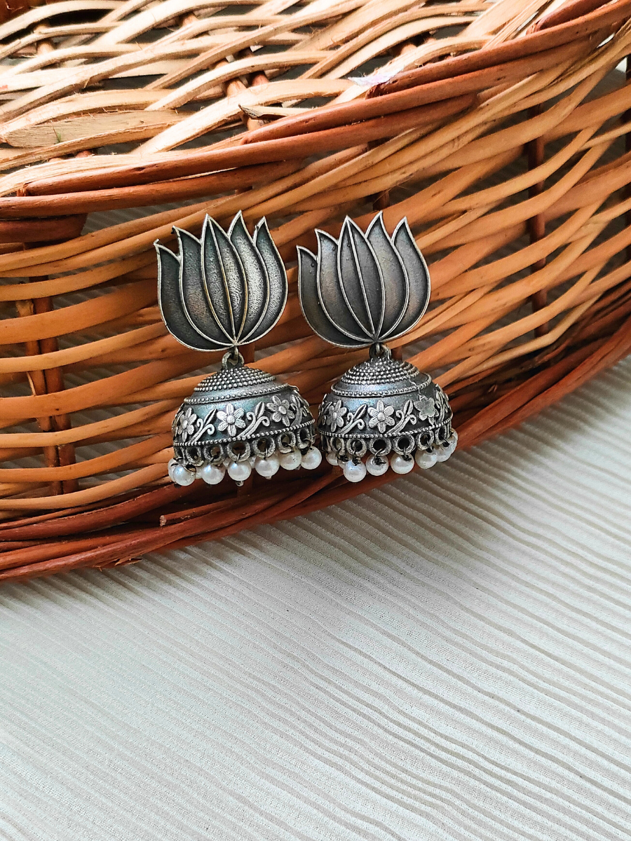 Buy Lotus Shaped German Silver Oxidised Jhumka Earrings - TheJewelbox