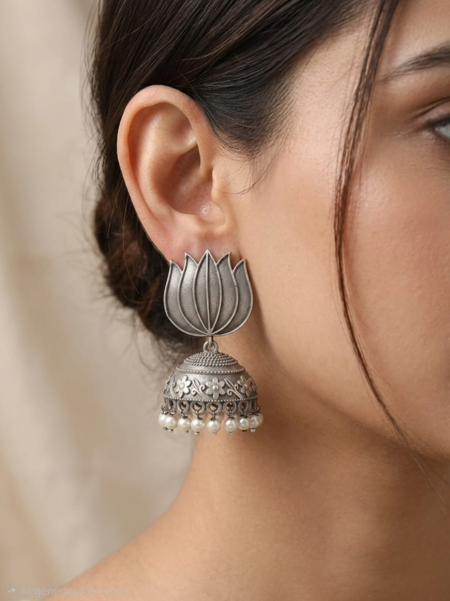 A model is wearing Lotus Shaped German Silver Oxidised Jhumka Earrings