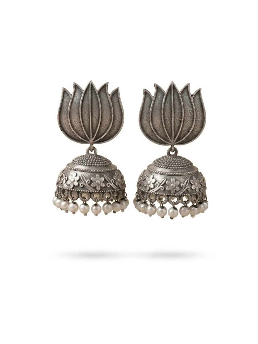 Lotus Shaped German Silver Oxidised Jhumka Earrings