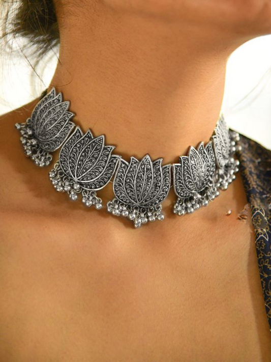 Buy Lotus Style Oxidised Silver Choker Necklace Set with Earrings - TheJewelbox