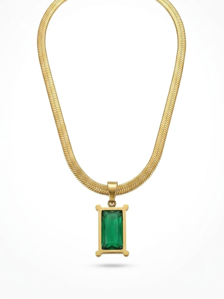 Luxury Emerald Green Stone Snake Chain Golden Necklace