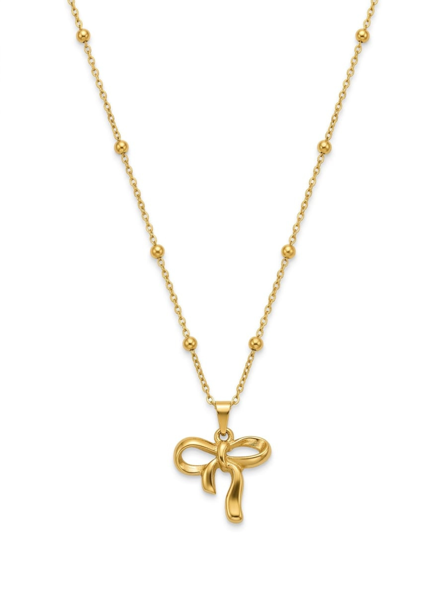 Mini Ribbon Bow Golden Plated Beads Chain Necklace