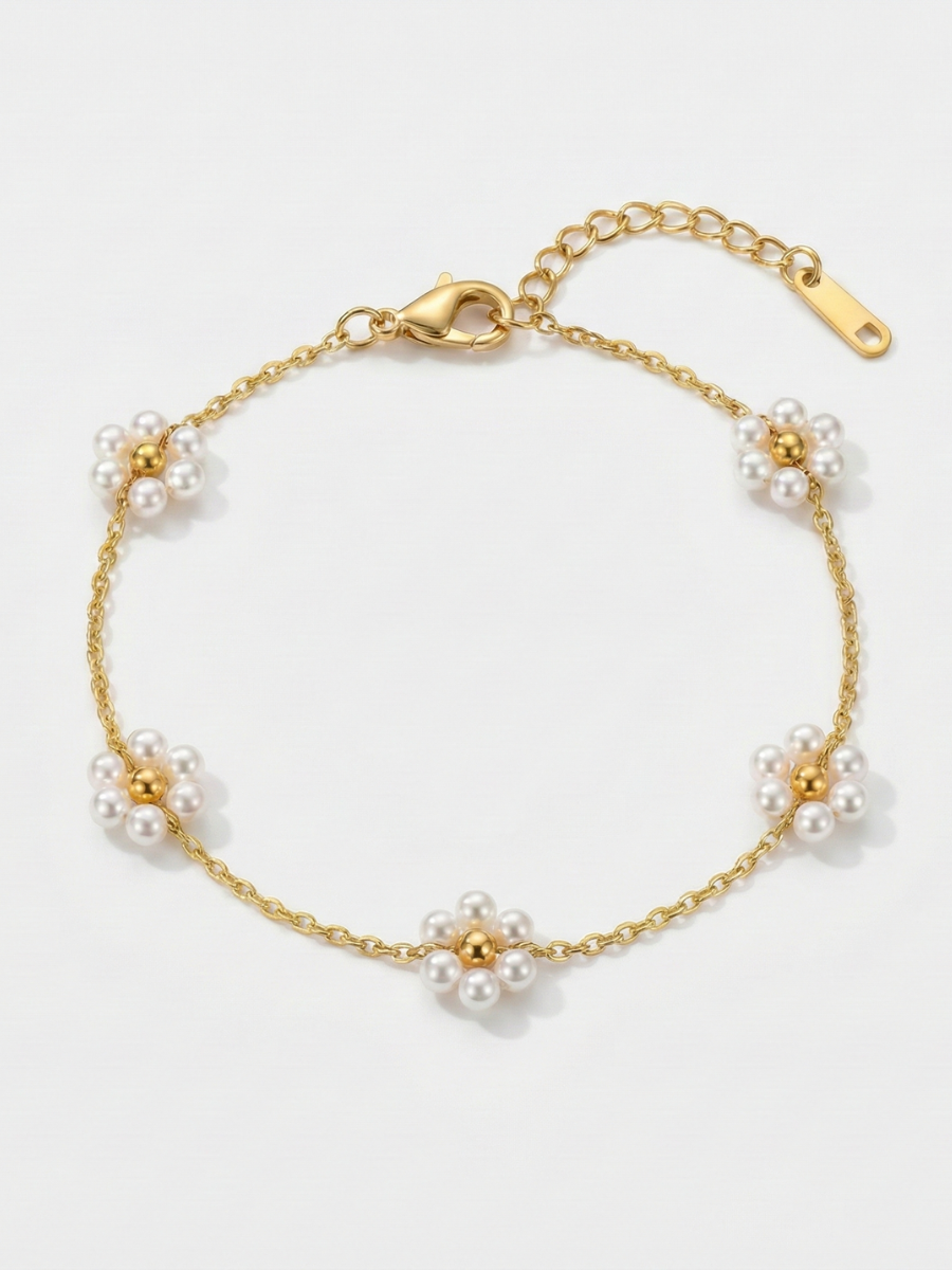 Gold pearl flower bracelet women
