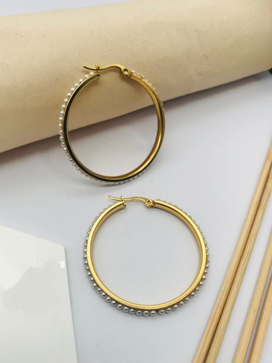 Buy Minimal Pearl Studded Gold Plated Hoop Earrings - TheJewelbox