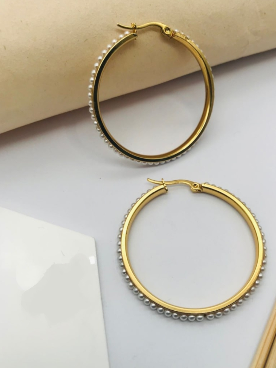 Minimal Pearl Studded Gold Plated Hoop Earrings