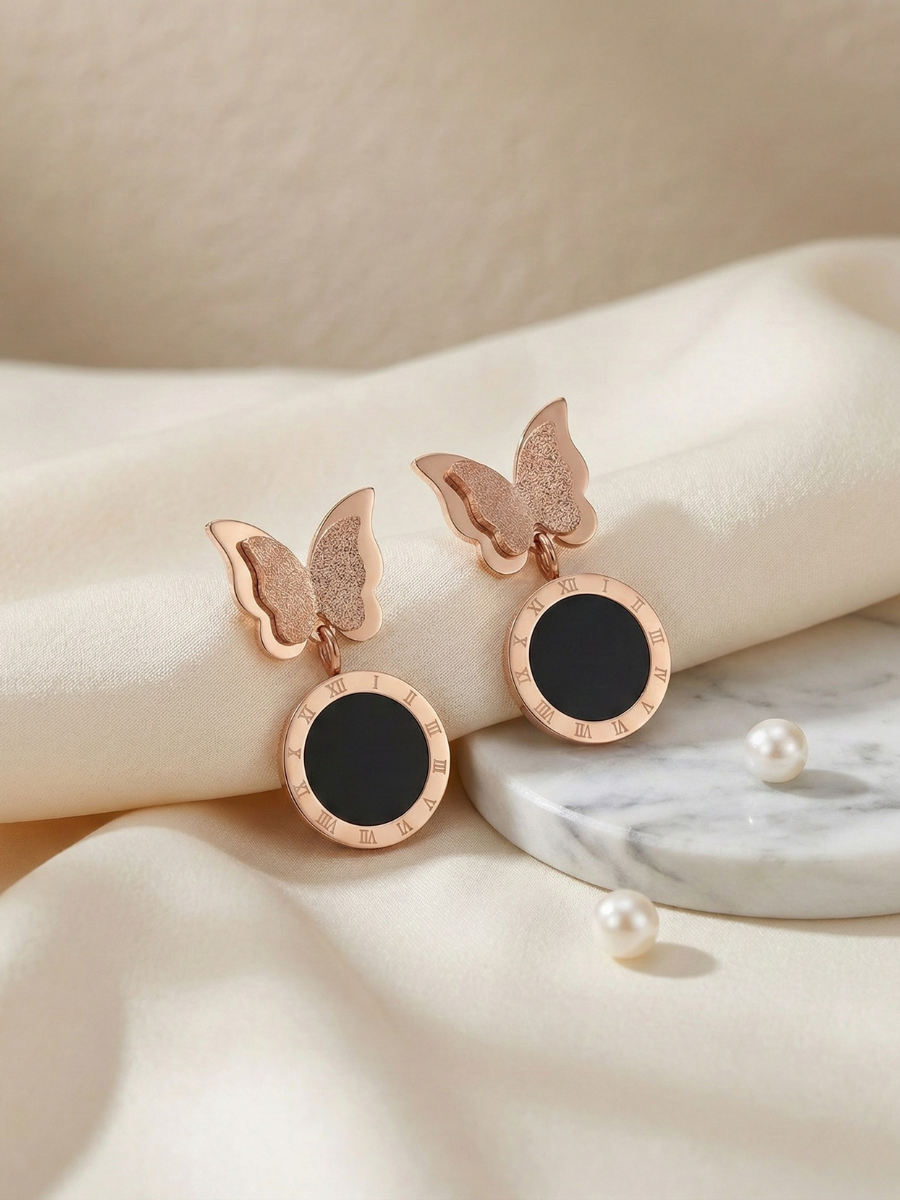 Rose gold butterfly dangle earrings