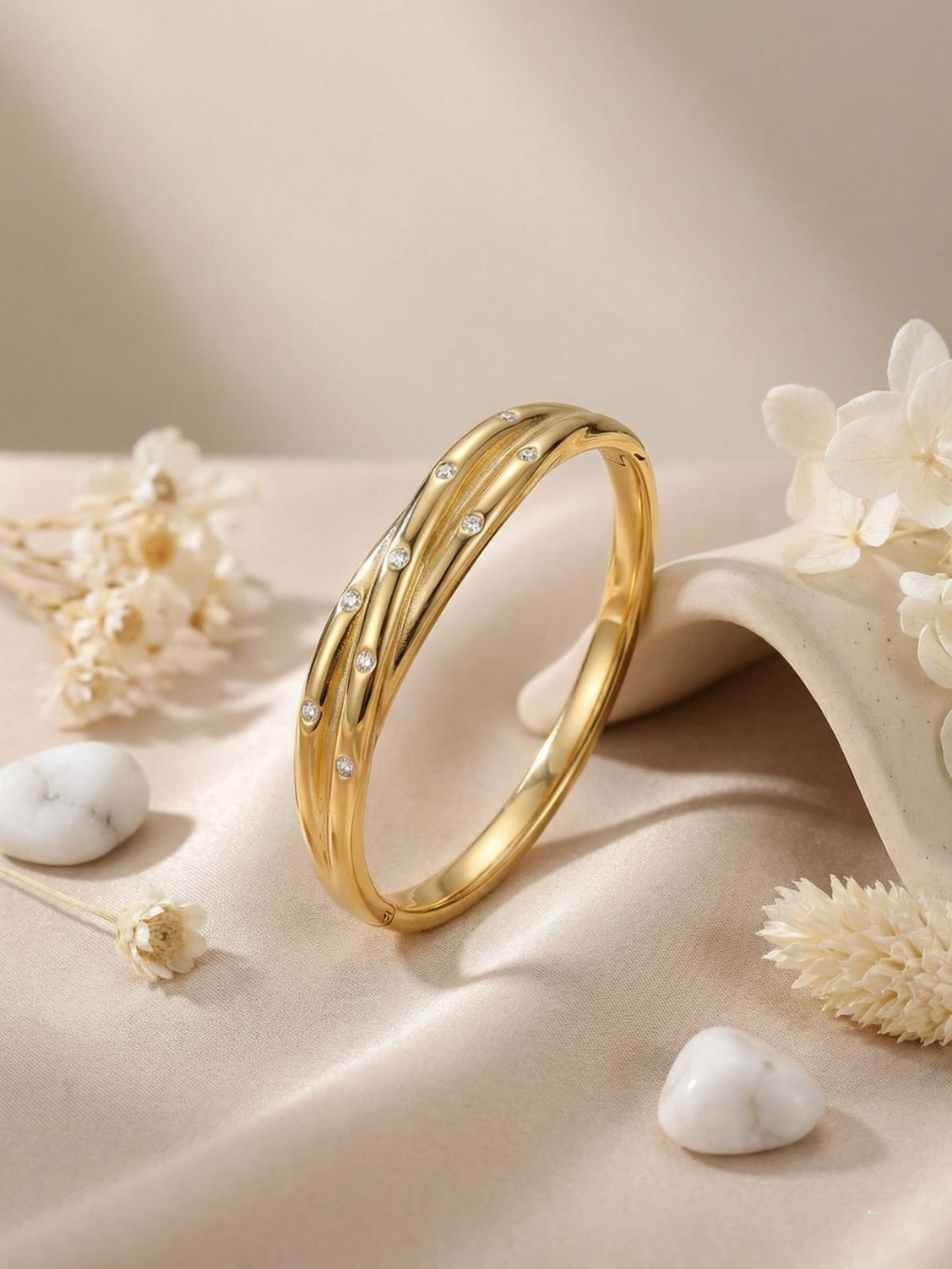 Minimalist Twisted Crystal Studded Stackable Gold Bracelet