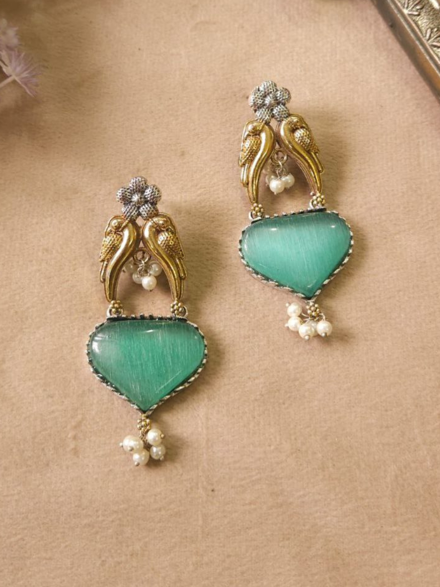 Mint Green Monalisa Stone Dual Tone Oxidised Stud Earrings