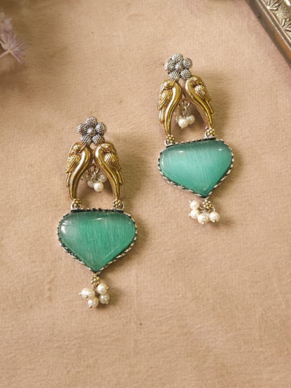 Mint Green Monalisa Stone Dual Tone Oxidised Stud Earrings