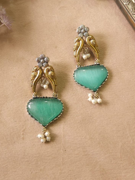 Mint Green Monalisa Stone Dual Tone Oxidised Stud Earrings