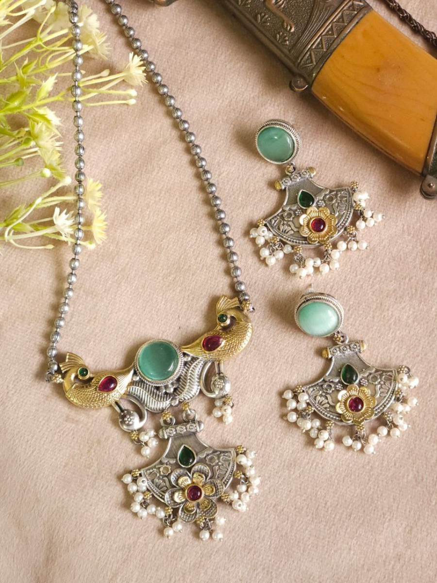 Buy Mint Green Stone Oxidised Silver Long Chain Necklace Set Online - TheJewelbox