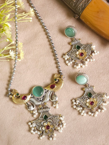 Mint Green Stone Oxidised Silver Long Chain Necklace Set