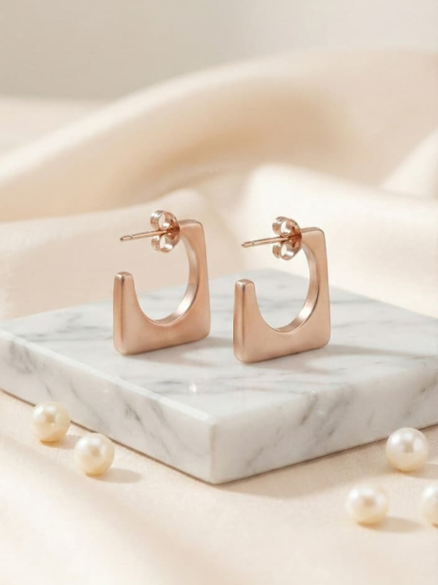 Rose gold square open hoop earrings