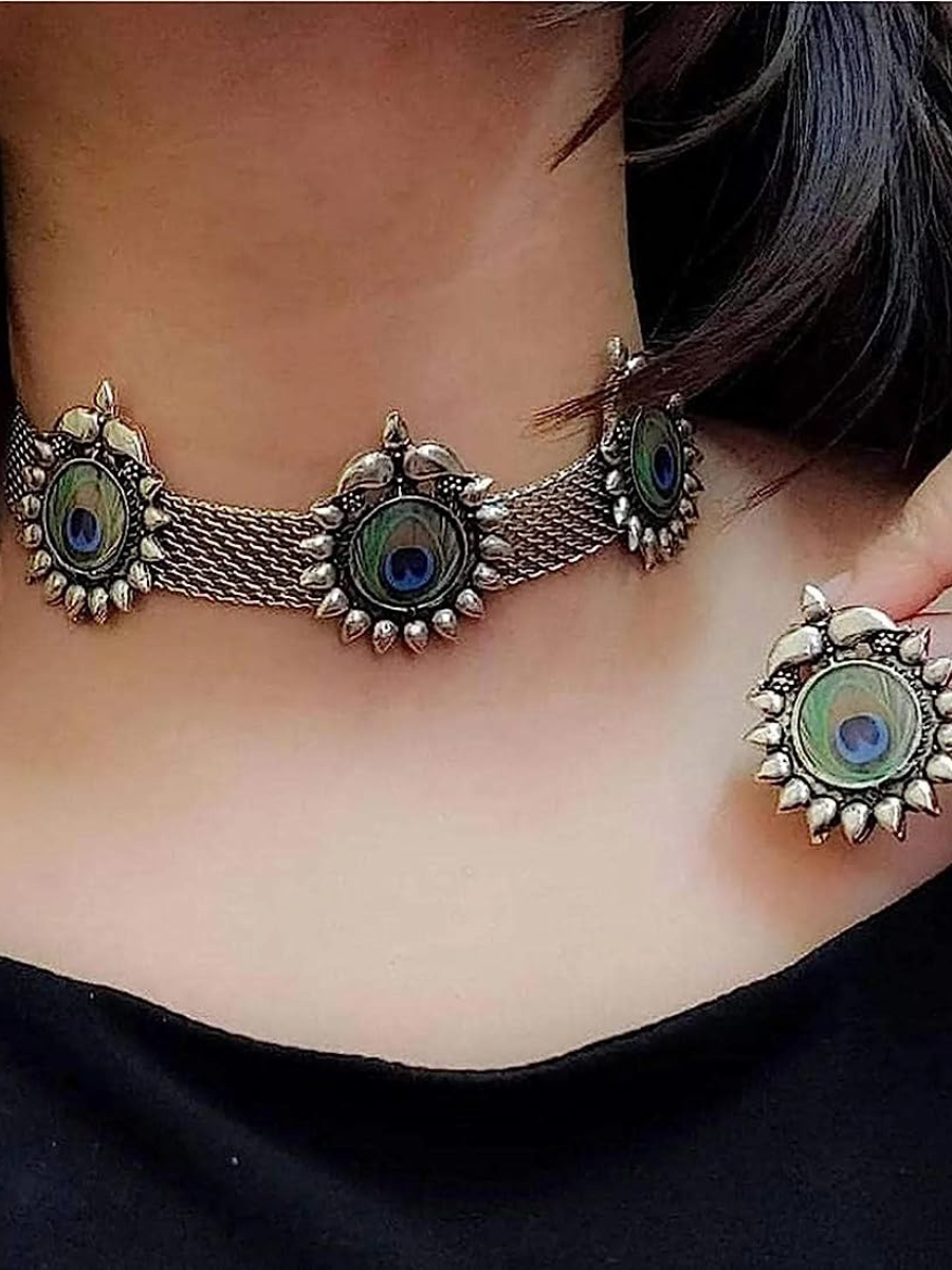 Buy Morpankh Style Oxidised Silver Choker Necklace Set - TheJewelbox