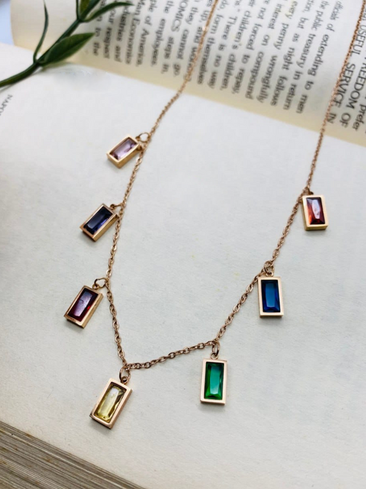 Buy Multi Color Rectangle Charms Rose Gold Chain Necklace - TheJewelbox