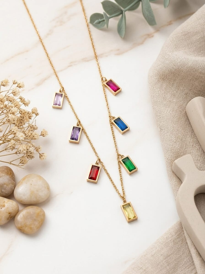 Buy Multi Color Rectangle Charms Rose Gold Chain Necklace Online in India