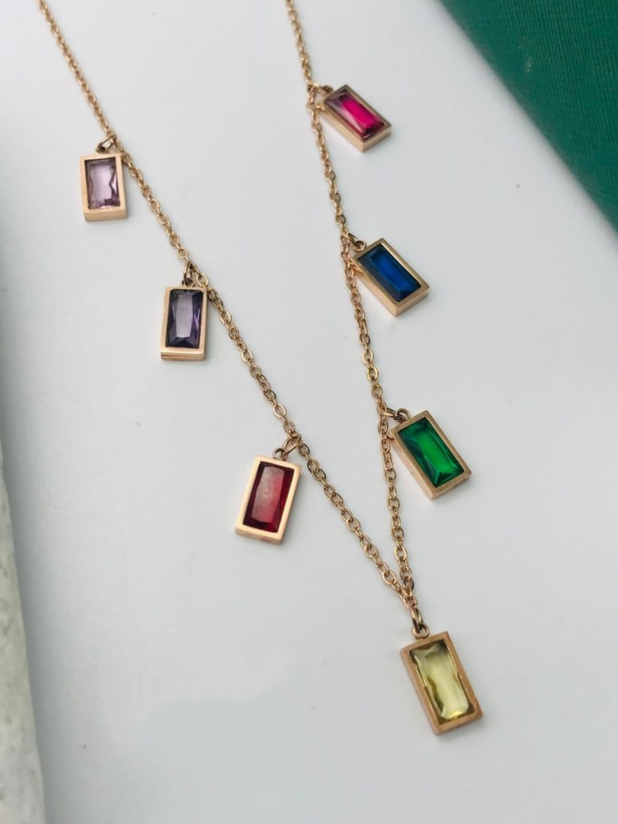 Multi Color Rectangle Charms Rose Gold Chain Necklace