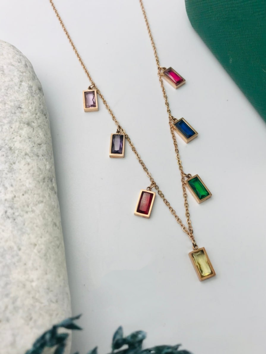 Multi Color Rectangle Charms Rose Gold Chain Necklace