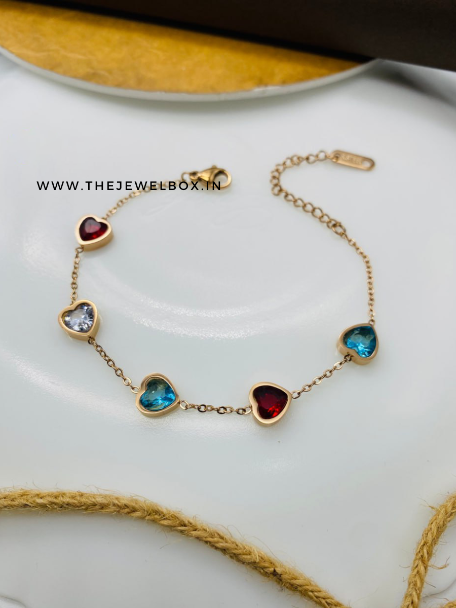 Buy Multi Color Stone Heart Charms Rose Gold Chain Bracelet - TheJewelbox