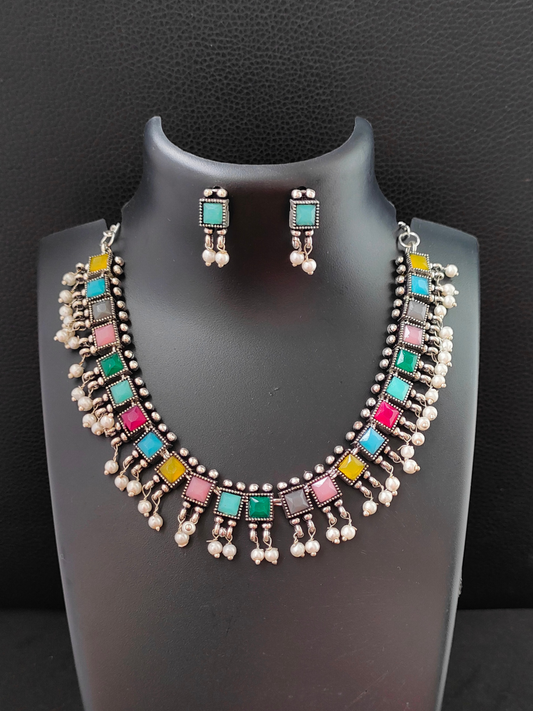 Buy Multi Color Stone Oxidised Silver Choker Necklace Set - TheJewelbox