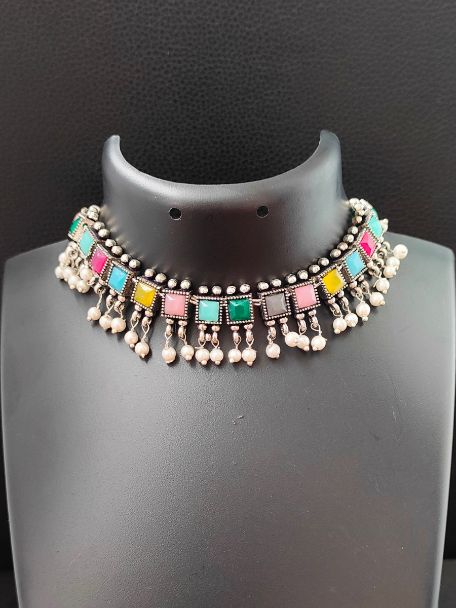 Multi Color Stone Oxidised Silver Choker Necklace