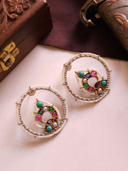 Buy Multi Color Stones and Pearls Peacock Oxidised Silver Earrings - TheJewelbox