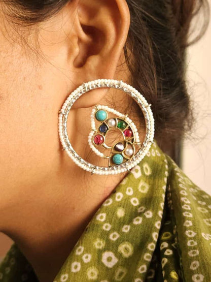 Multi Color Stones and Pearls Peacock Oxidised Silver Earrings