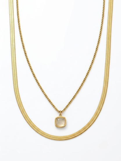 Off White Square Pendant Golden Plated Double Chain Necklace