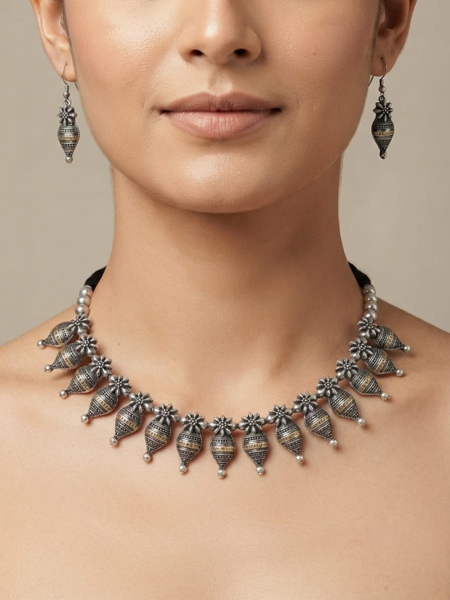 Oxidised Dual Toned Floral and Leaves Choker Necklace Set