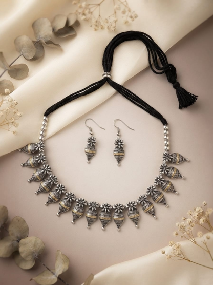 Oxidised dual tone floral choker necklace