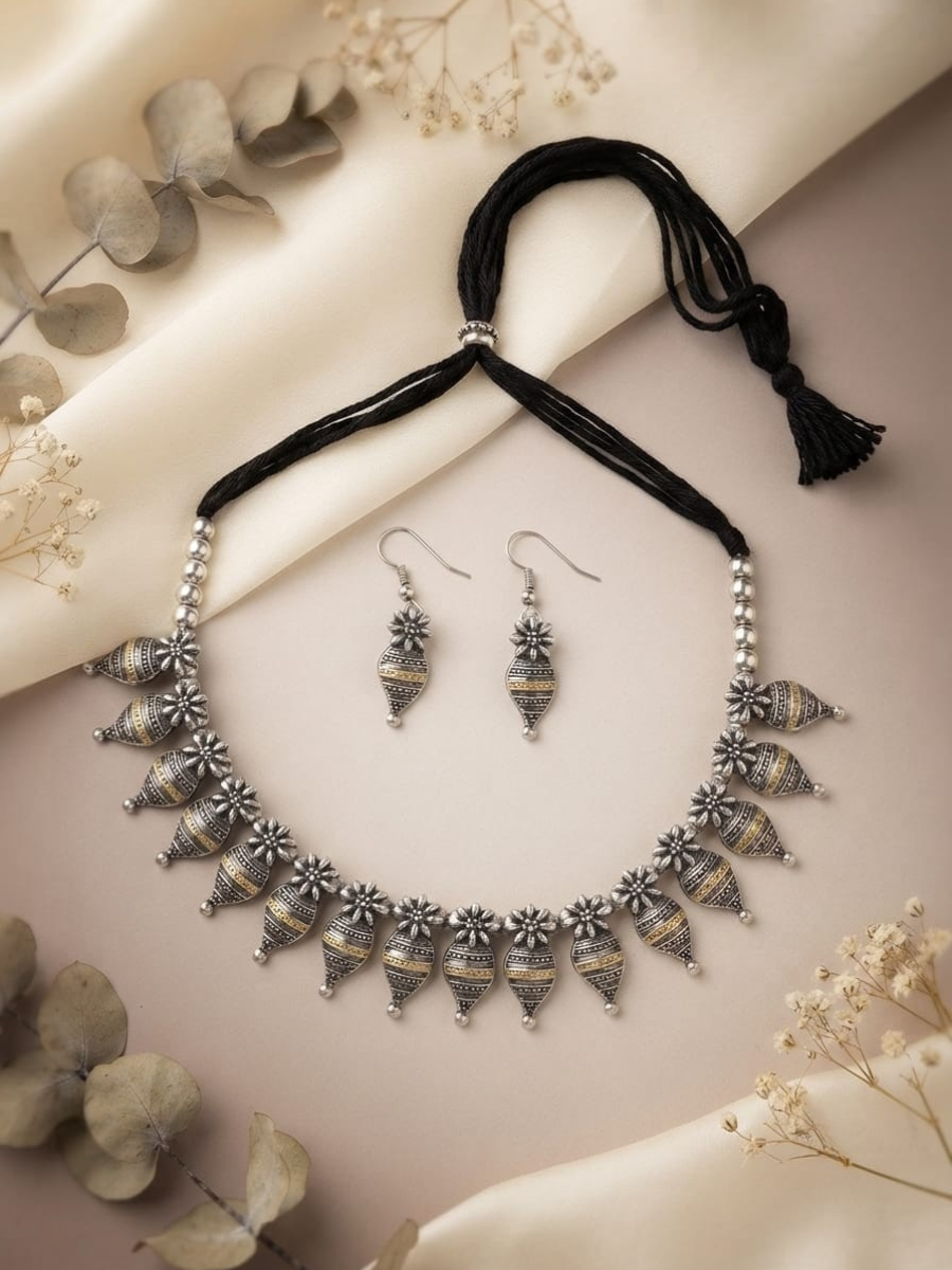 Oxidised dual tone floral choker necklace