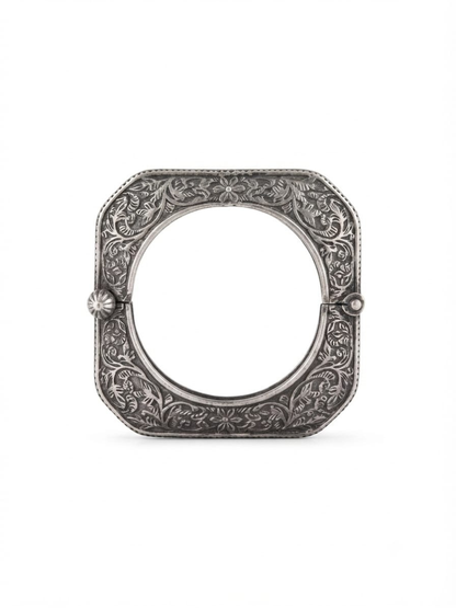 Intricate floral engraved oxidised silver bangle