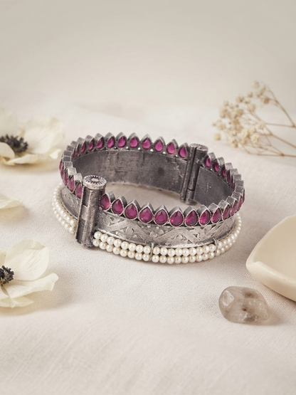 Oxidised German Silver Pink Stones Pearl Edge Bangle